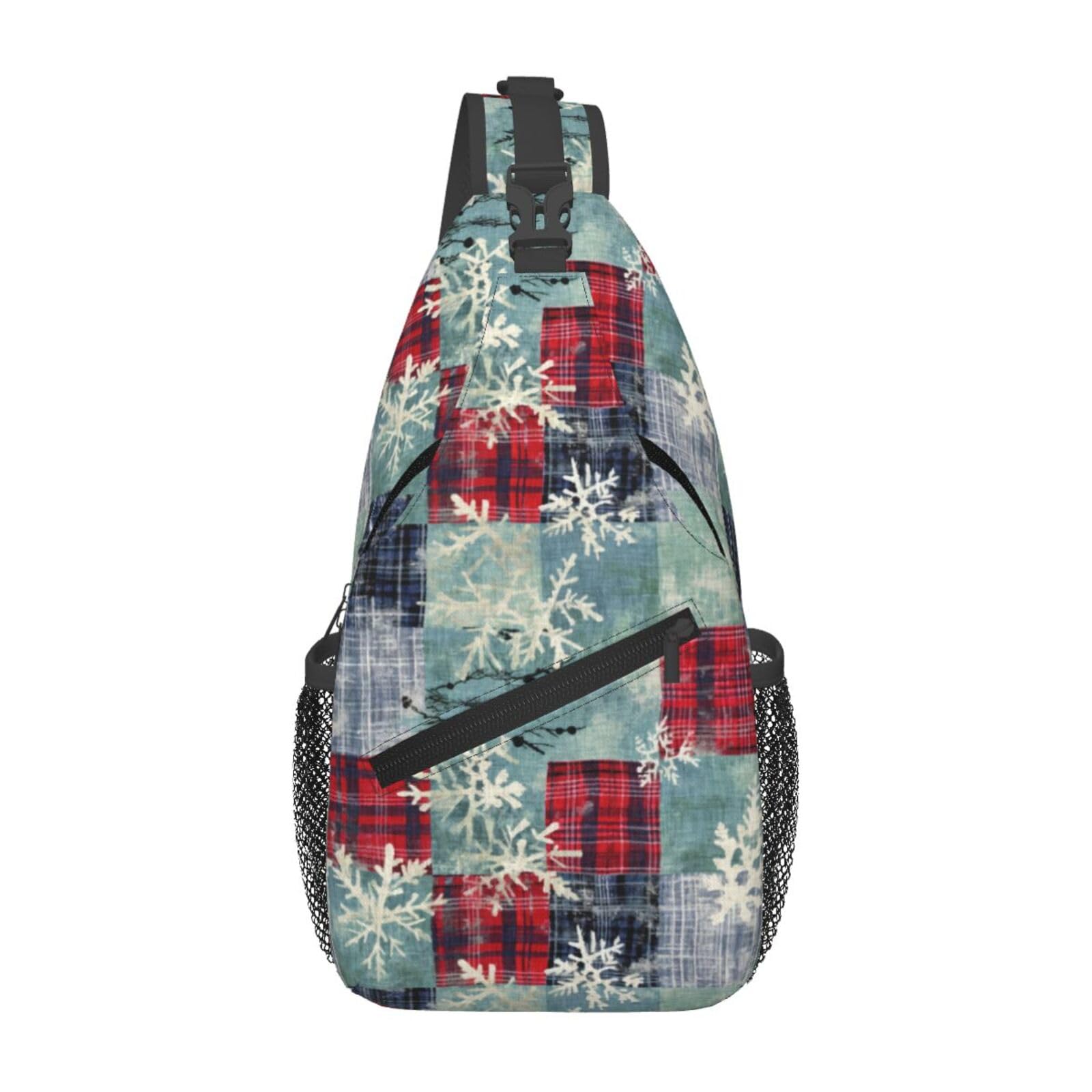 Christmas Snowflake and Plaid Crossbody Sling Bag for Women Men - Adjustable Chest Shoulder Backpack Daypack for New Year, Sport, Travel, Hiking