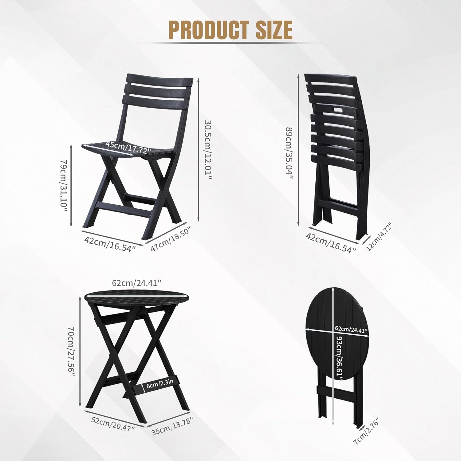 3 Piece Patio Bistro Sets, Foldable Patio Set, Bistro Table and Chairs, 2 Plastics Folding Chairs and Round Table for Outdoor Balcony, Porch, Lawn, Garden, Patio, Black