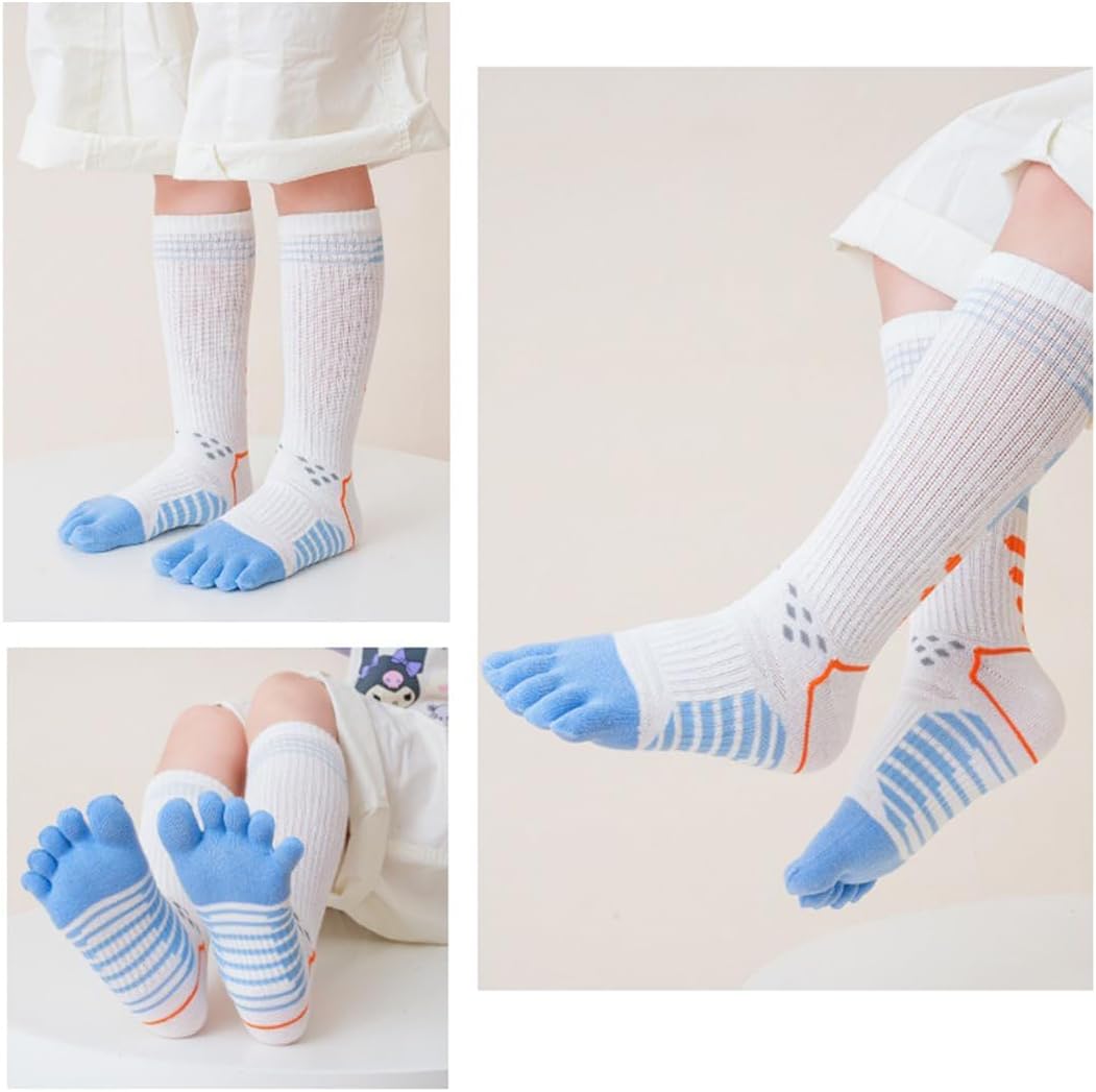 5 Pairs Boys Girls Over the Calf High Tube Socks Cotton Sports Five Finger Socks Slouch Socks for Kids Age 6-15