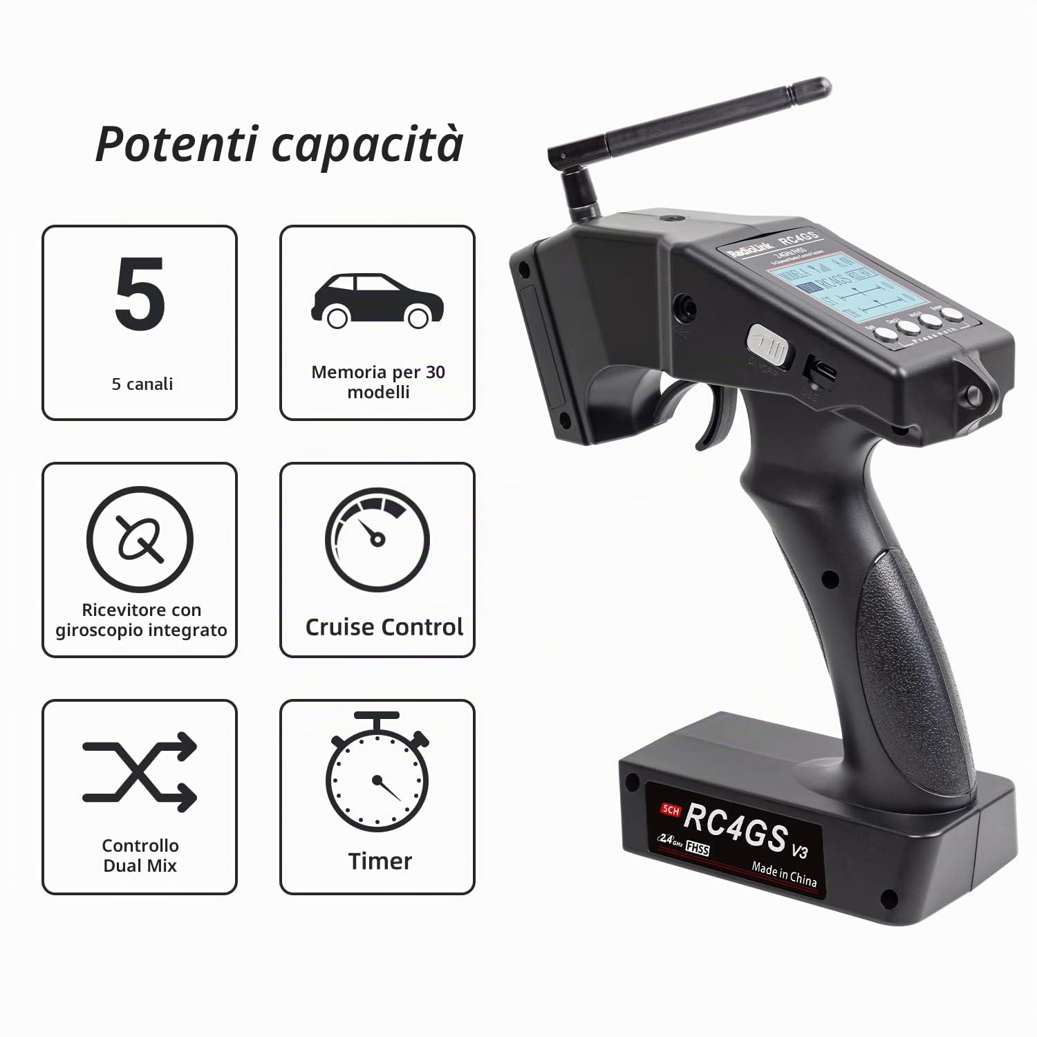 Radiolink RC4GS V3 Trasmettitore RC a 5 canali e 2 ricevitores R6FG Kit, 2.4 GHz Radiocomando rc 400M Telecomando,30 modelli di memoria,per RC Auto,Barche,Crawler, Drifting, Bash, Serbatoio