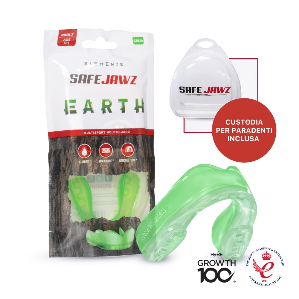 SAFEJAWZ Elements TERRA Paradenti Sportivo Adulti e Bambini Contatto Completo per Tutti Gli Sport, tra Cui Rugby, MMA, Hockey, Judo Arti Marziali e Boxe (Verde) - 5