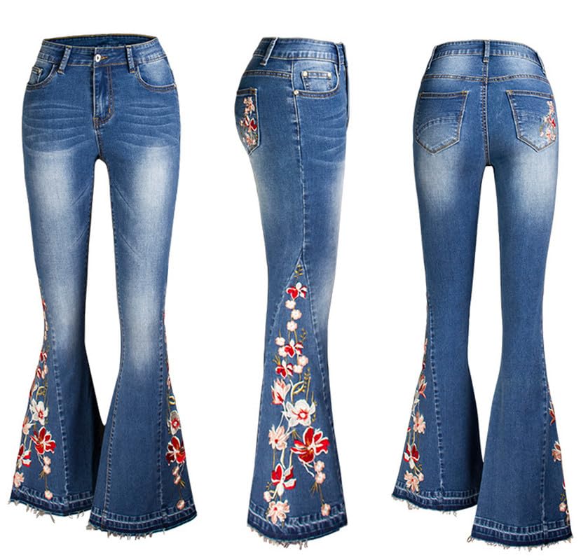 Andongnywell Women's Embroidered Bell Bottom Jeans Floral Stretchy Flare Denim Pants Chic High Rise Long Jean4