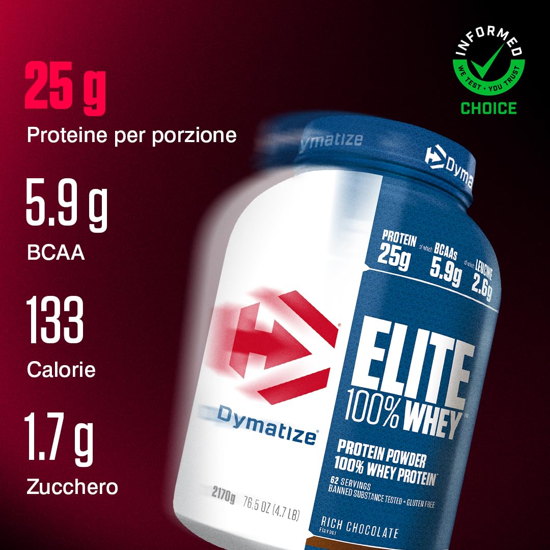 Dymatize Elite 100% Whey Rich Chocolate 2170g - Polvere ad alto contenuto di proteine e basso zuccheri del siero latte BCAA