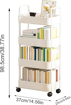 Mobile Bookshelf with Wheel, 3/4 Tiers Movable Bookshelf Cart Organizer, Movable Rolling Storage Book Cart for Library, Home, Laundry Room