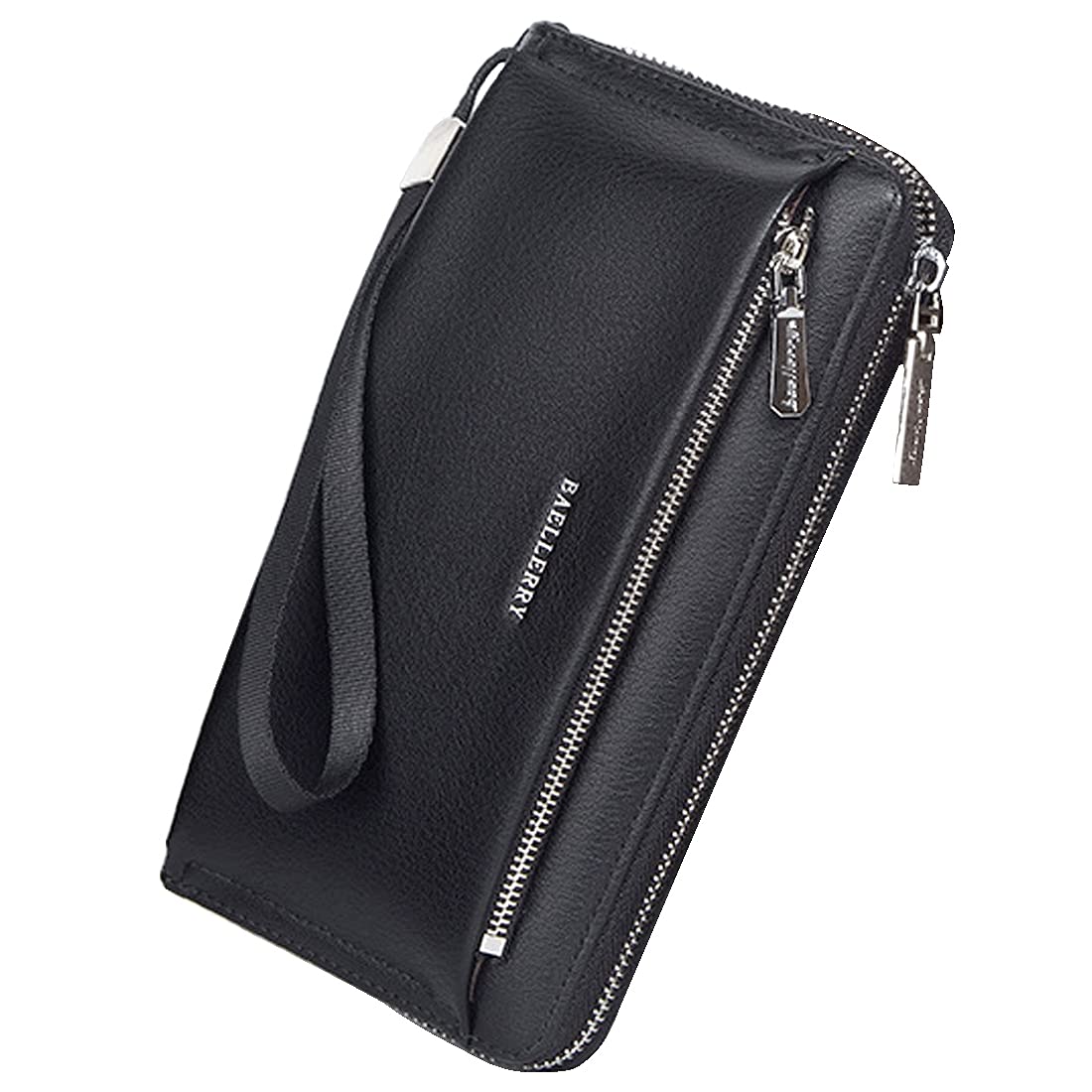 A-QMZL Cartera Larga de Gran Capacidad para Hombre Cartera de Cuero Embrague con Bolso de Mano para teléfono móvil con Correa para la Muñeca (Negro)