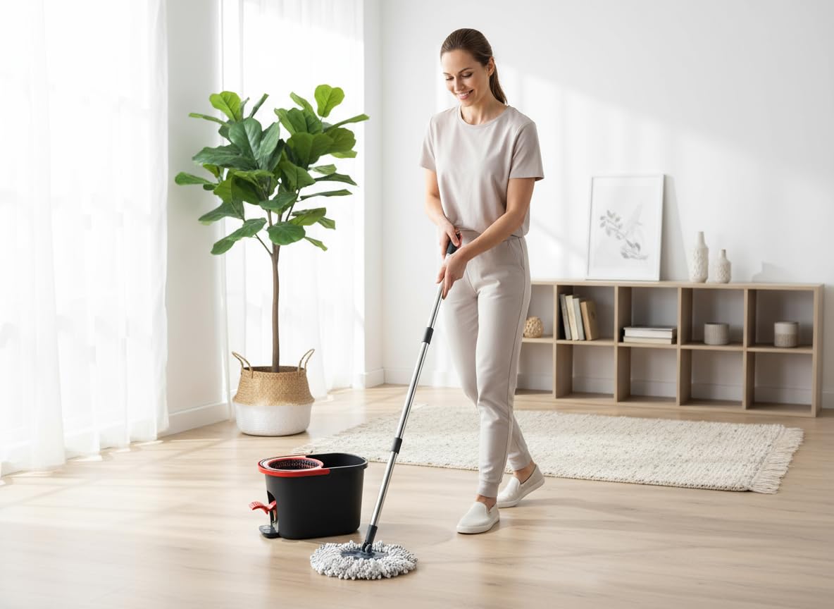 Mop mocio sistema automatico lavapavimenti con centrifuga Push & Spin, mocio rotante con secchio 13lt a pedale e con panno lavaggio in microfibra, rotomop con manico fisso 110cm, pulizia pavimenti