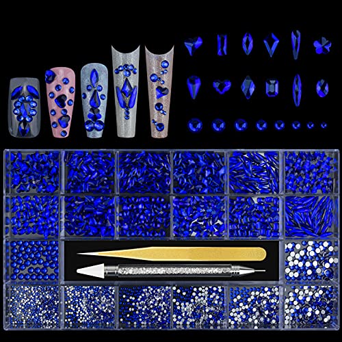Flatback Rhinestones for Nails, 3000Pcs Nail Gems and Rhinestones Set, Colorful Mutil Shapes Blue Crystals Nail Jewels for Nail Art Acrylic Nails, Non-Hotfix Rhinestones with Wax Pen Tweezers Box