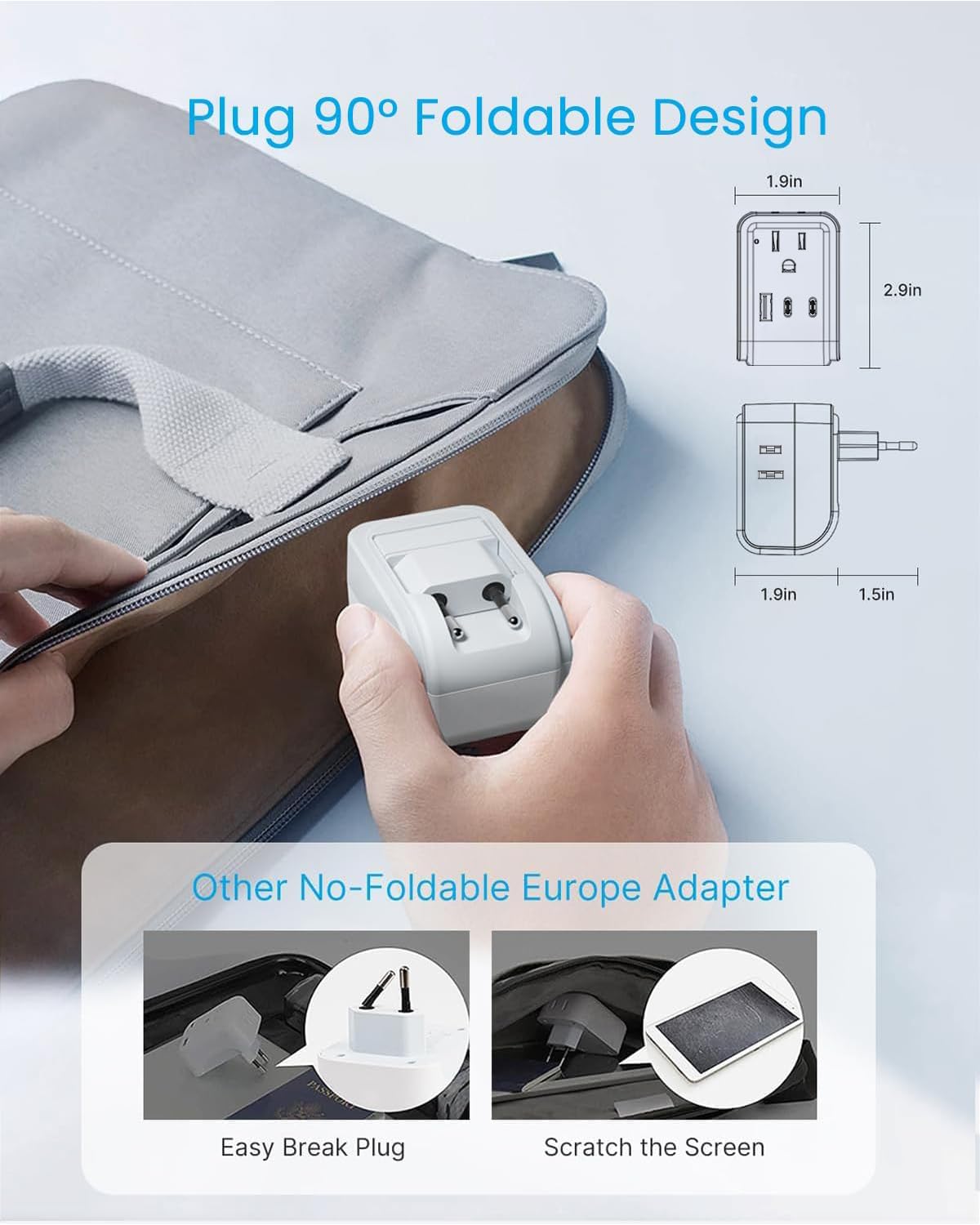 2 Pack European Travel Plug Adapter VINTAR PD 20W Foldable Type C Adapter with 4 AC Outlets 3 — view 3