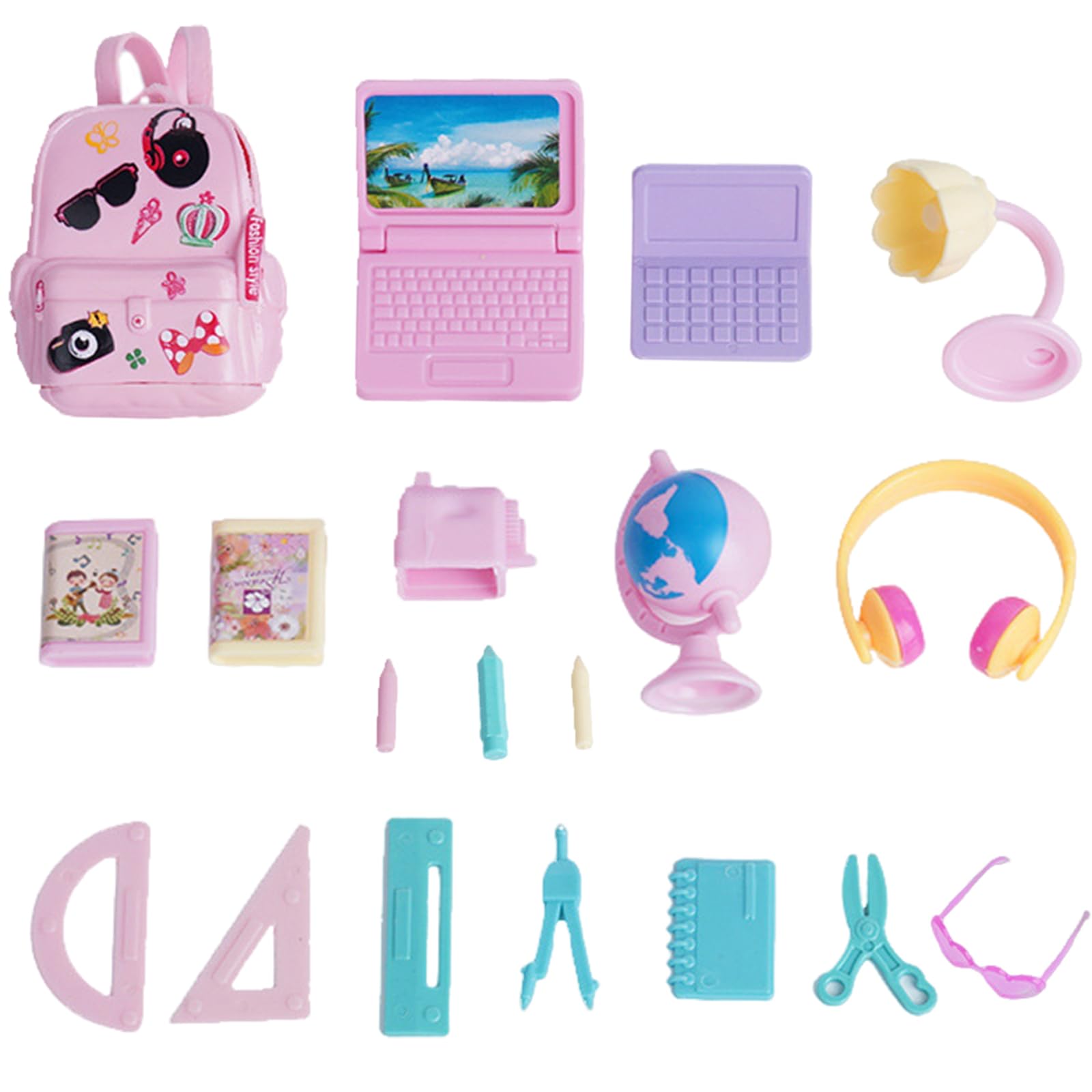 Monetais 18Pcs Mini School Supplies Dollhouse, Including Tiny Backpack, Mini Laptop, Desk lamp, Stationery, Globe, Glasses, Headphones Doll House Accessories Set