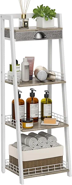 keomaisyto 4-Tier Elegant Ladder Shelf, Bathroom Storage Shelf, Ladder Bookshelf with Drawer, Freestanding Storage Shelves for Bathroom Living Room Study Office, White