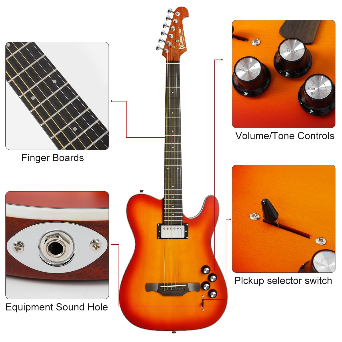 Guitare acoustique silencieuse en nylon à 6 cordes, folk électronique portable avec effets intégrés, cordes en acier, bandoulière, accordeur (coucher de soleil)