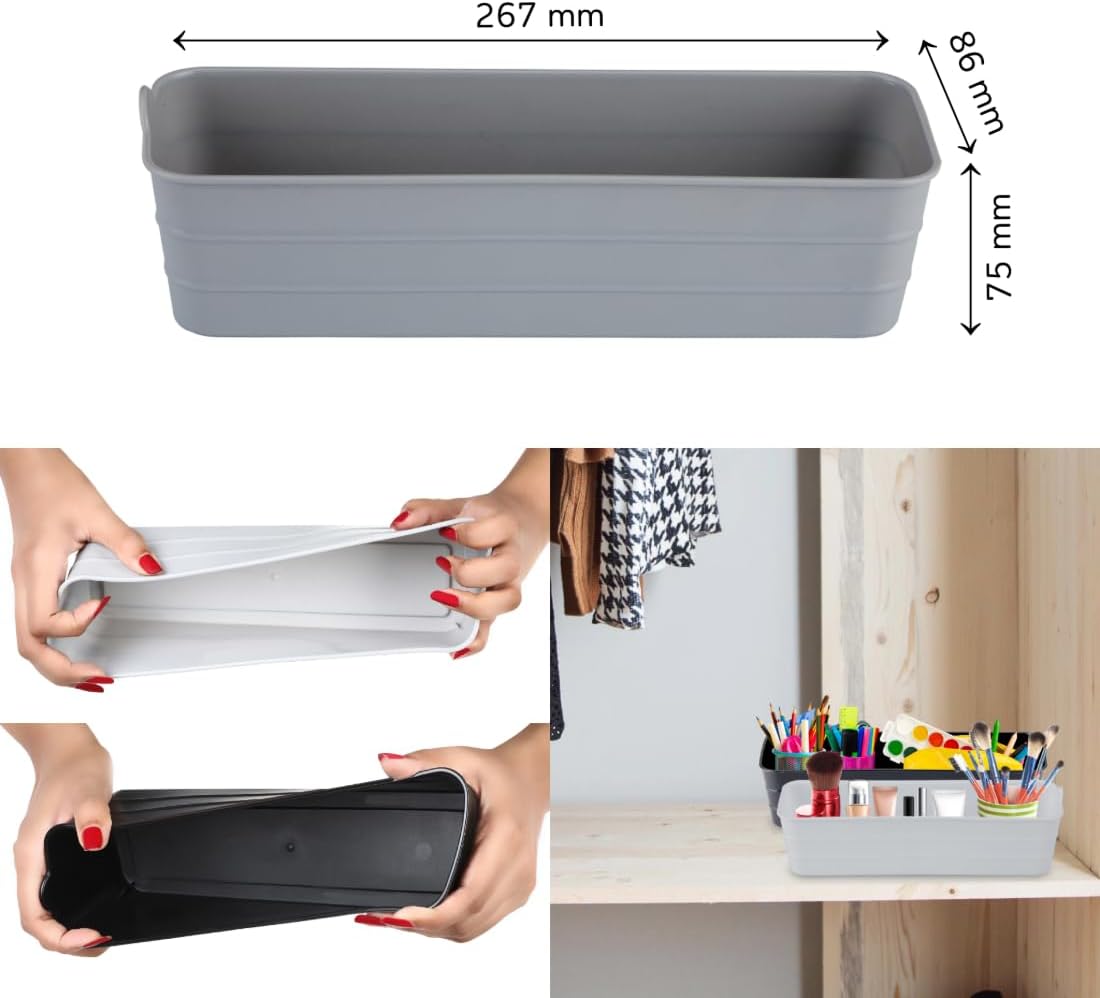 KOLORR Unbreakable Flexi Tray Narrow- Black, Brown, Grey (Pack of 6) | Bathroom Organiser | Desk Organizers for Staitionary Jwellery Tool Cabinet for Bedroom or Washroom Kitchen Office