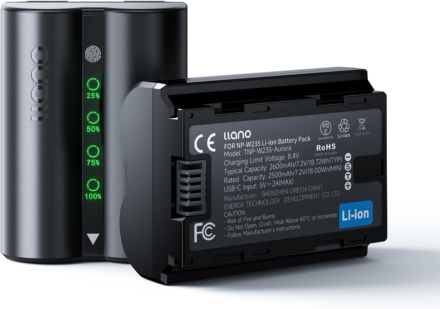 llano Aurora USB-C NP-W235 Battery 2600mAh for Fujifilm XT5, XT4, GFX100RF, VG-XT4, X-S20, GFX100S, GFX50S II, X-H2S Cameras, Fingerprint Instant Power Display, Fully decoded, 2.8H Full Charged
