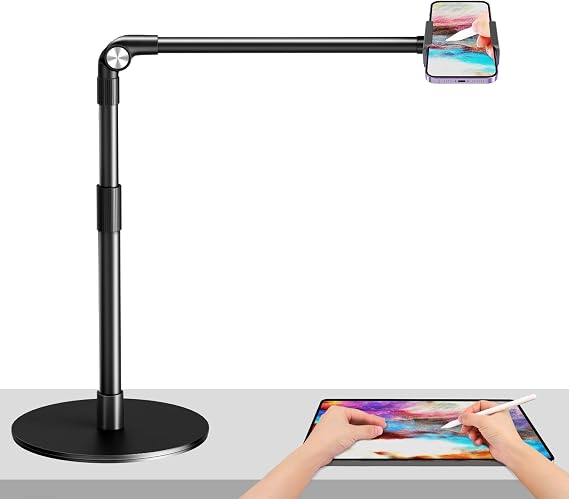 Elitehood Heavy Duty Aluminum Overhead Phone Stand, 15 In Long Arm IPhone Holder For Video Recording, 360 Degrees Swivel Tilt Overhead Phone Mount For Filming, Meeting, Cooking, Painting And Crafting