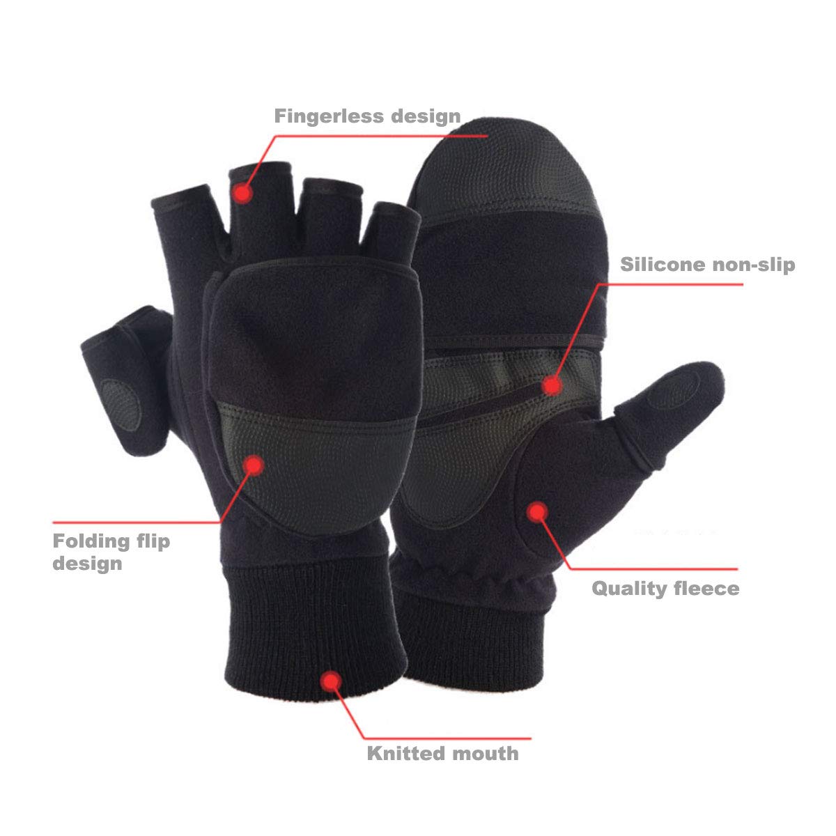 MINIDUO Outdoor Gloves Convertible Mittens Flip Fleece Fingerless Gloves for Men Women Fishing, Cycling, Running in Cold Weather
