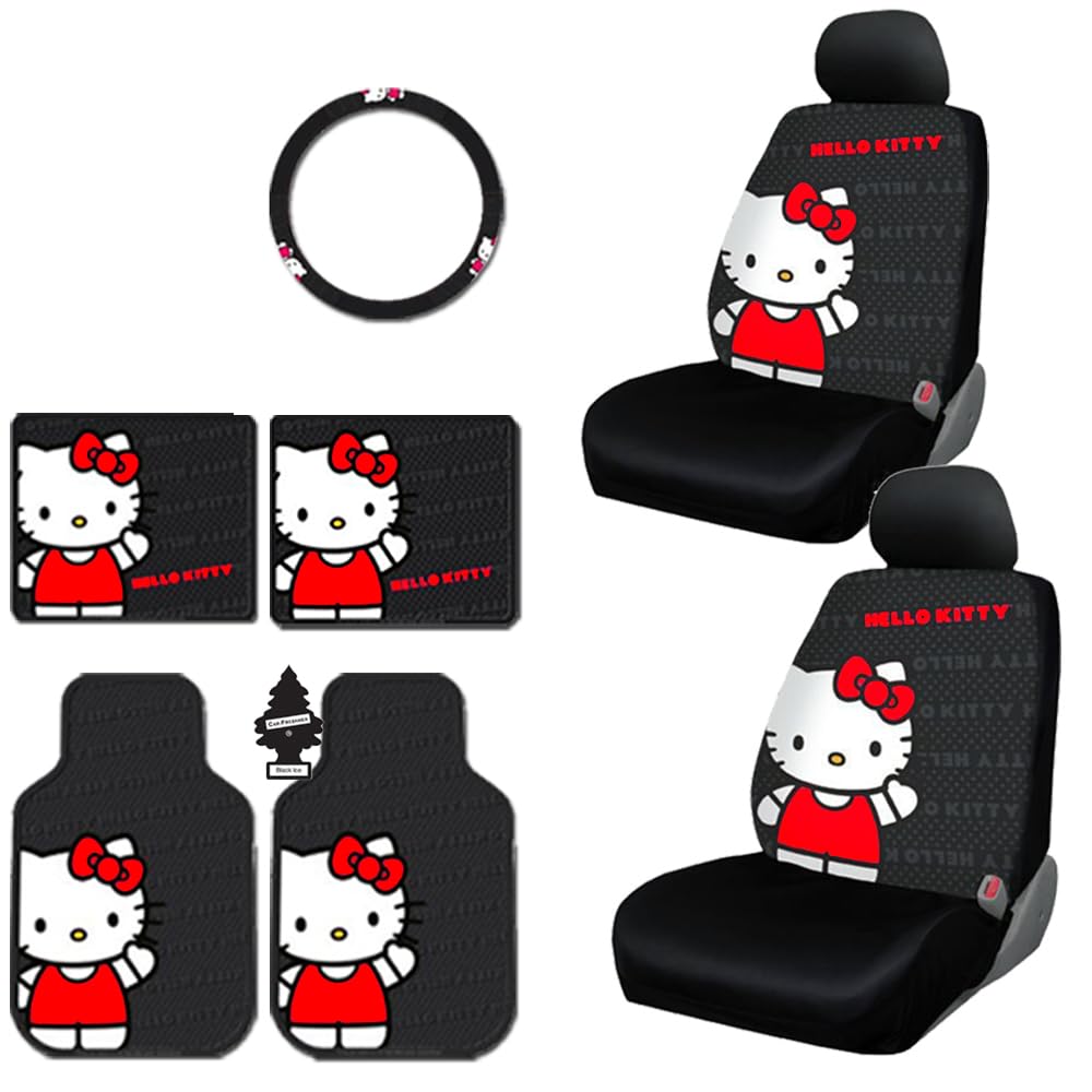 Yupbizauto 8 Pieces Hello Kitty Car Seat Cover with 4 Rubber Mats, Steering Wheel Cover and Air Freshener Bundle Set
