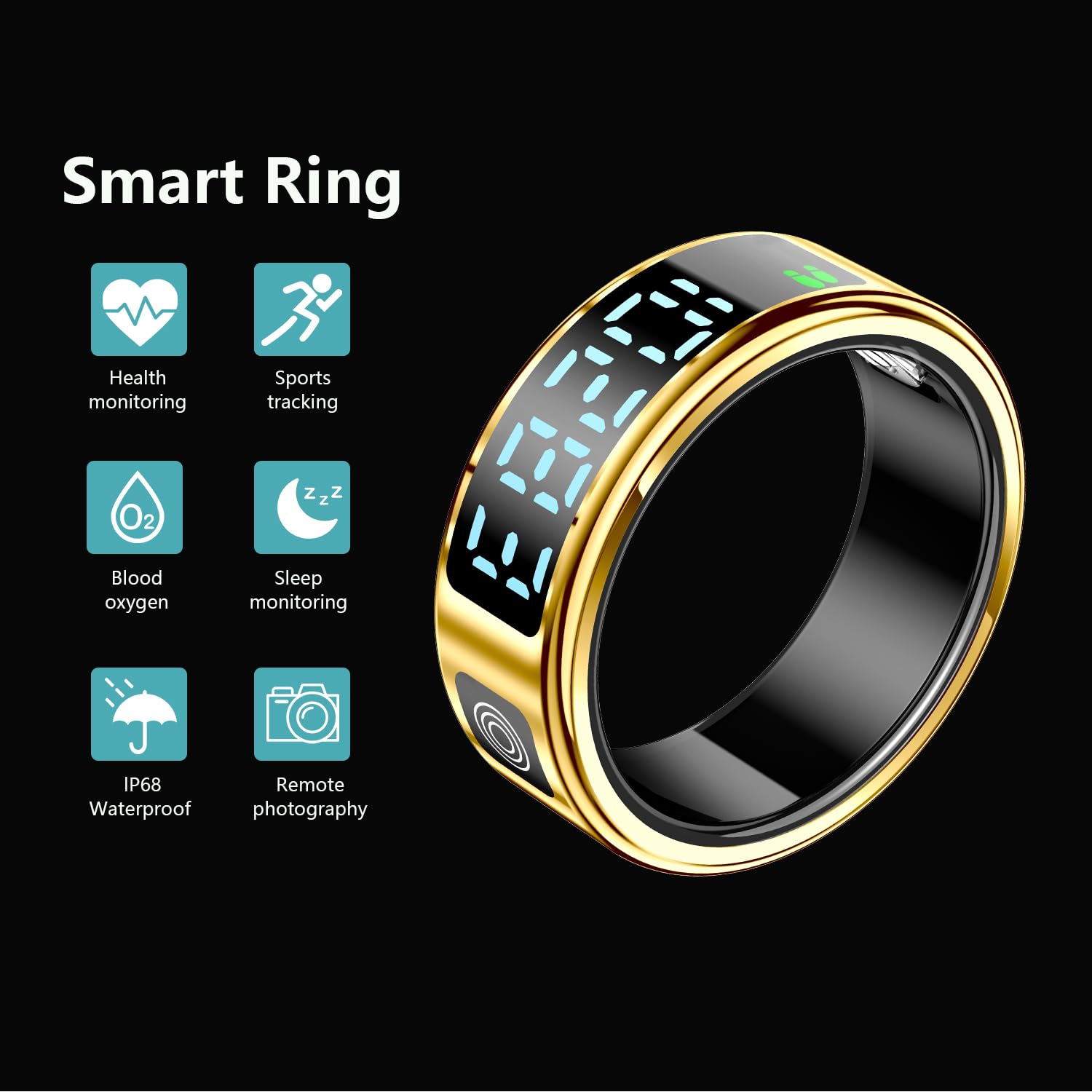 Smart Ring Fitness Tracker - Heart Rate & Blood Oxygen Monitor, Sleep & Activity Tracking, Gesture Control, IP68 Waterproof, Rechargeable Charging Case, No Subscription, for iOS & Android(Size8 Glold)