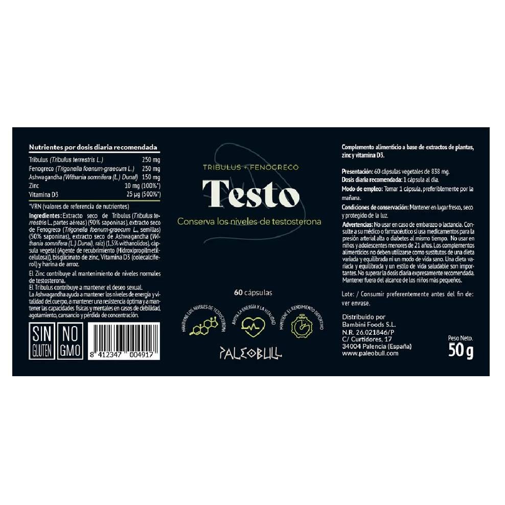 Testo con Tribulus, Fenogreco y Zinc Paleobull 60 cápsulas, fórmula con ashwagandha y vitamina D3, sin gluten, apoyo diario para energía, vitalidad y rutina deportiva