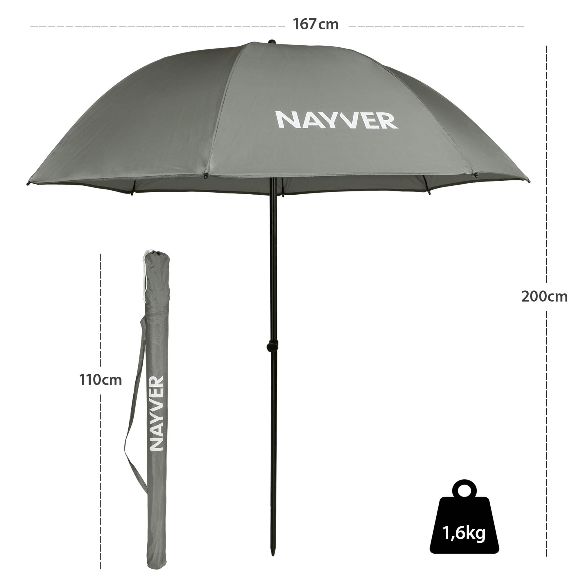 Angelschirm 1,67m Ø, 2m Höhe mit Tasche | Leichter Outdoor Schirm, Regenschutz & Sonnenschutz, Mit Erdspeer, für Angeln, Strand & Freizeit