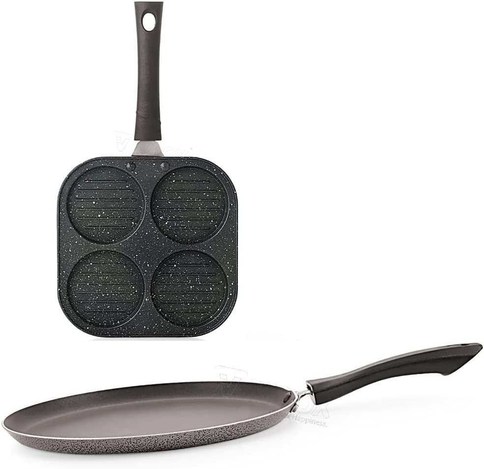 MAYA Special Non-Stick Breakfast-Combo Aluminium Fry Pan / Flat Tawa, Black (27cm) / Fry Pan / Flat Tawa, Black 0.45 Gram (NO-Induction Base) and Uttapam Maker/Appam pan Non-Stick, Set of 2pcs