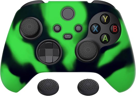 PlayVital Camouflage Soft Anti-Slip Silicone Cover for Xbox Series X Controller, Rubber Case Protector for Xbox Core Wireless Controller with Black Thumb Grip Caps - Green & Black