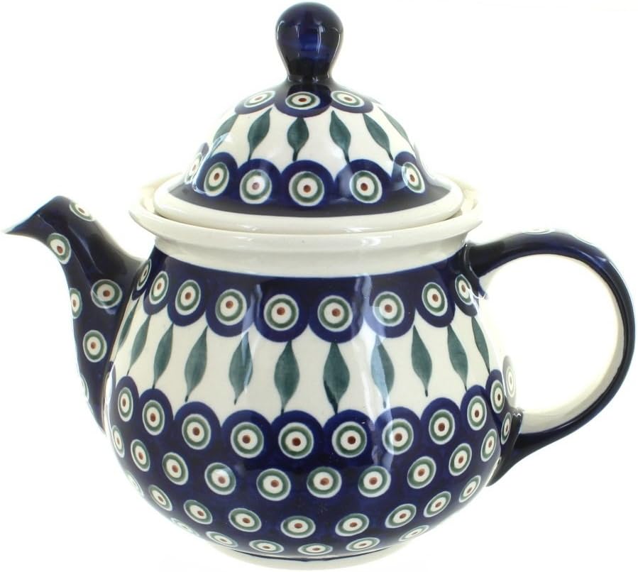 Blue Rose Polish Pottery - Blue Grapes Large Teapot with Cobalt Rim - 7 Cup Capacity - Hand-Painted Polish Pottery Ceramic Coffee & Tea Server
