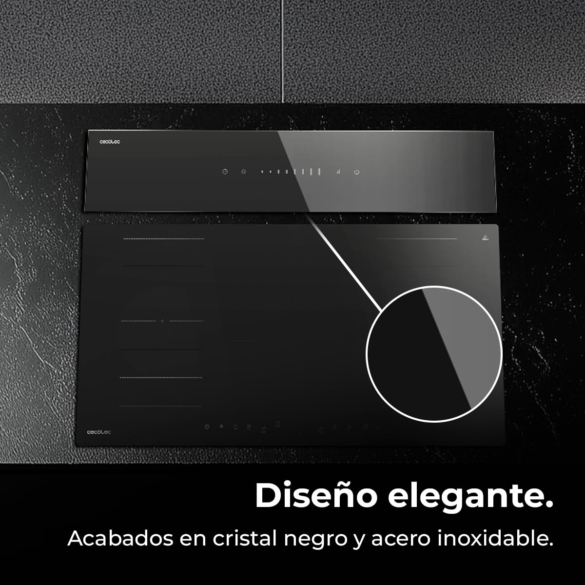 Cecotec Campana Extractora de Encimera 90m Bolero Flux ET 908000 Glass Black A++. 210W, Succión 800m3/h, 8 Velocidades, Slider Touch Control, Filtro Carbono, Acabado en Cristal Negro