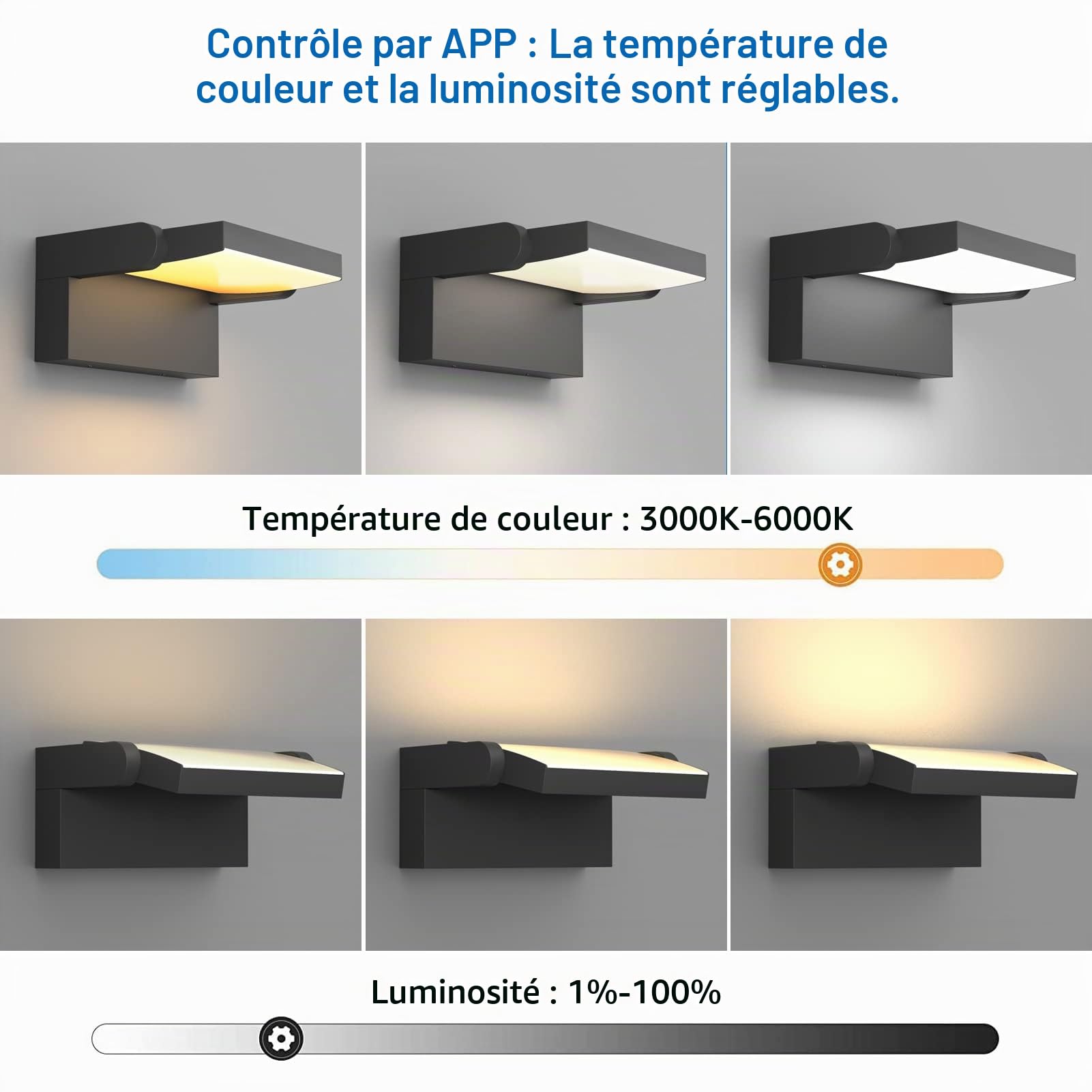 Klighten 24W Applique Dimmable Extérieure/Intérieure, Contrôle APP, Minuteur, Éclairage Mural Imperméable IP65, Lampes Murale avec LED Panneau Rotatif pour Terrasse Entrée Jardin, Noir, 3000K-6000K