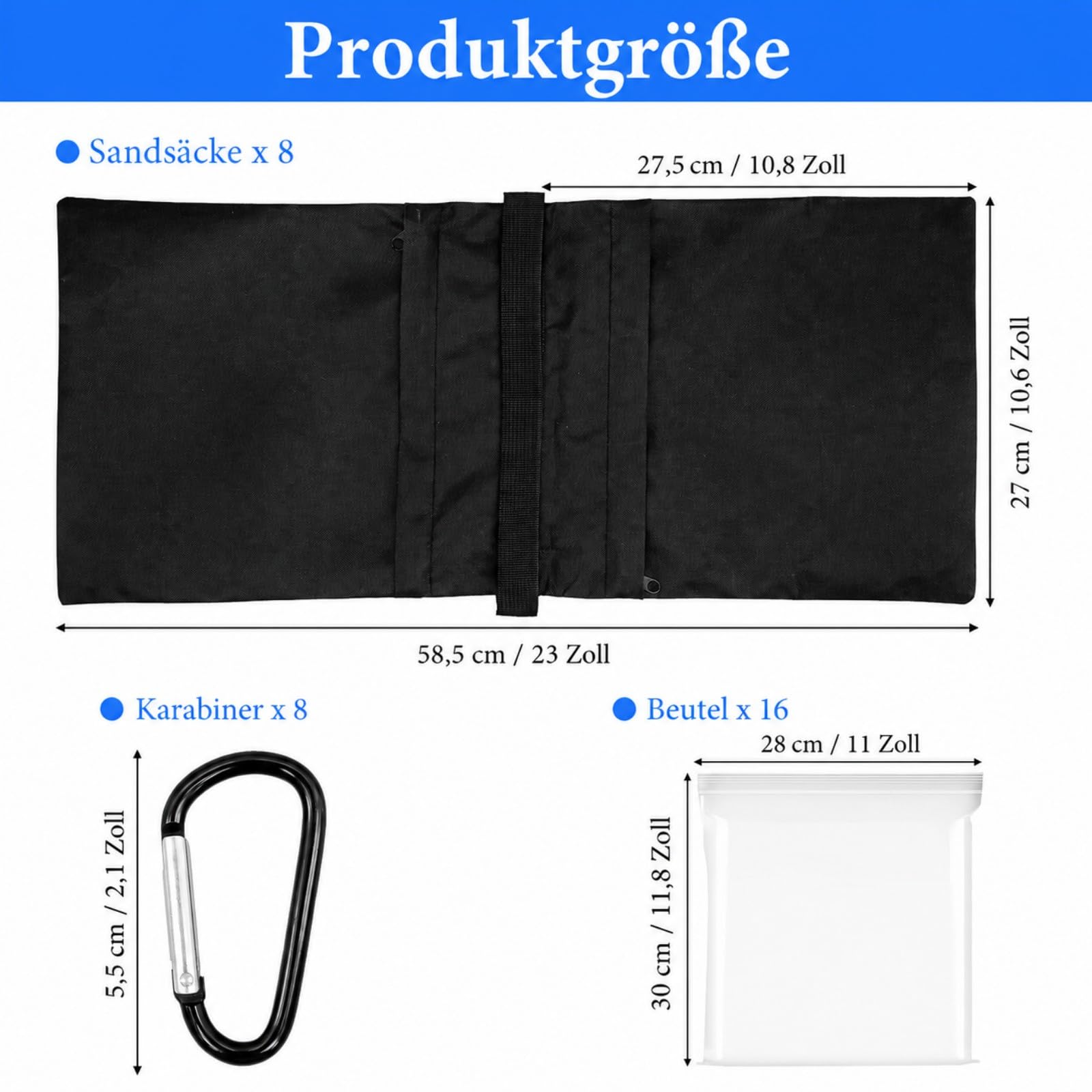 8 Stück Fotografische Leere Sandsack-Sets für Lichtständer, Gewichtstaschen für Fotostative, Schwere Satteltaschen mit Karabinerhaken & PE-Beuteln – Für Stativ, Zelt, Pavillon, Schirmständer – Schwarz