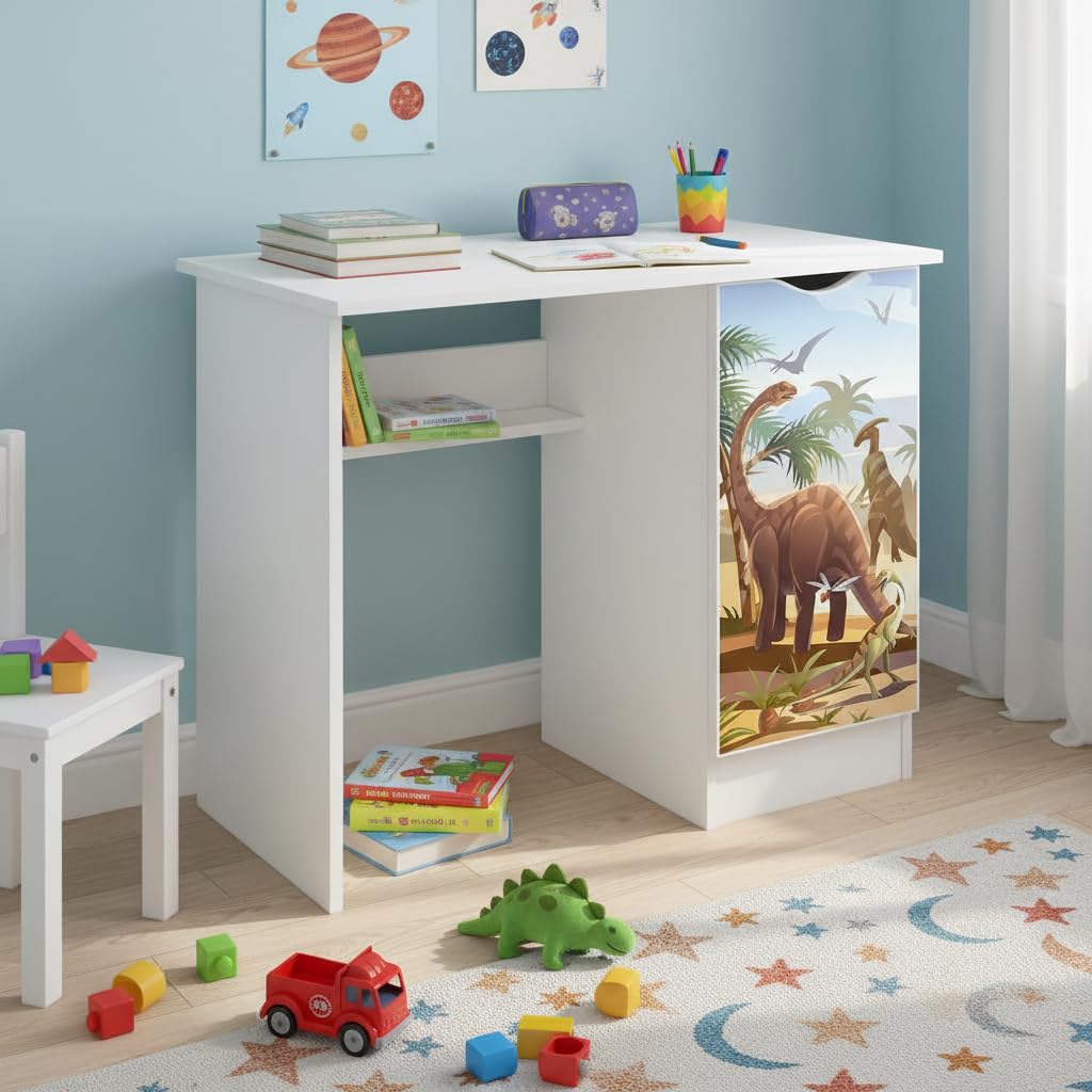 Leomark Confortable Bureau pour Enfants avec étagère - Roma - Blanc Meuble pour Chambre d'enfant, Equipement de Salle, Style scandinave, Hauteur: 77 cm (Dino)