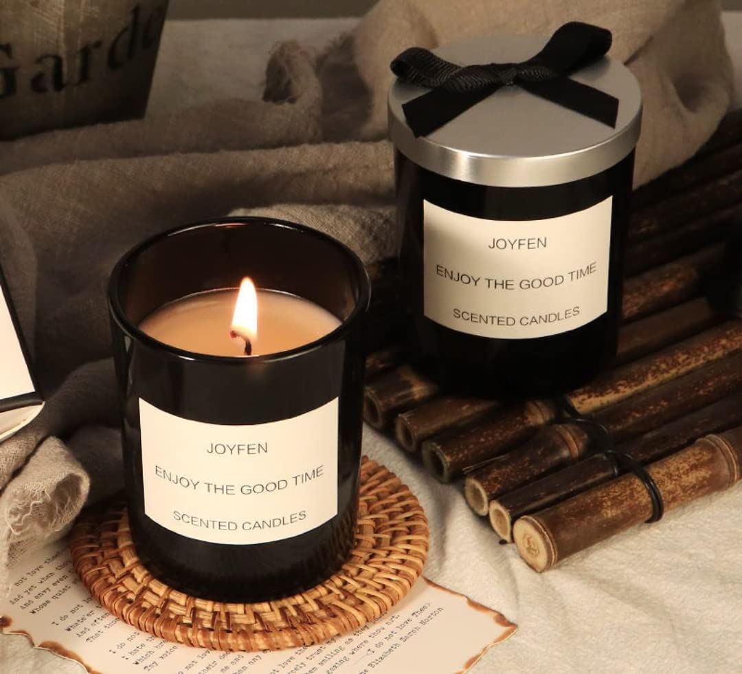 KOWVOWZ Scented Candle Light in Glass Cup for Meditation Girl Lasting Room Aroma Birthday Gift Scented Soybean Wax (• White Tea and Ginger Flower(Floral and Tea Aroma), Black Glass Cup)