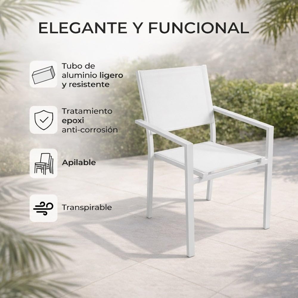 MONTY Set de 2 Sillas Thais de Aluminio Blanco y Textileno Blanco, Elegantes, Apilables, Ligeras y Resistentes, Tratamiento anticorrosión para Exteriores, de 56x56x86 cm