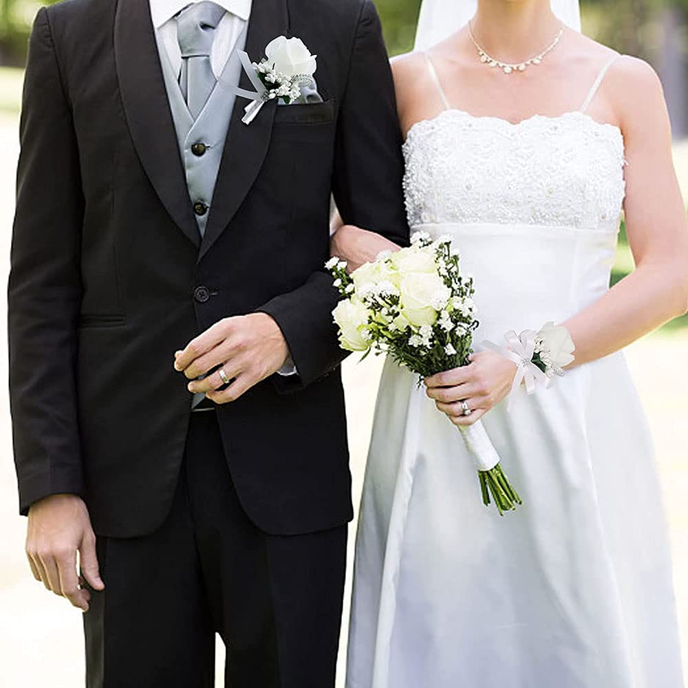 2 Boutonnières Mariage Rose Blanche - Fleur Artificielle Faite Main - Avec Épingle Et Clip - Pour Marié Et Témoins