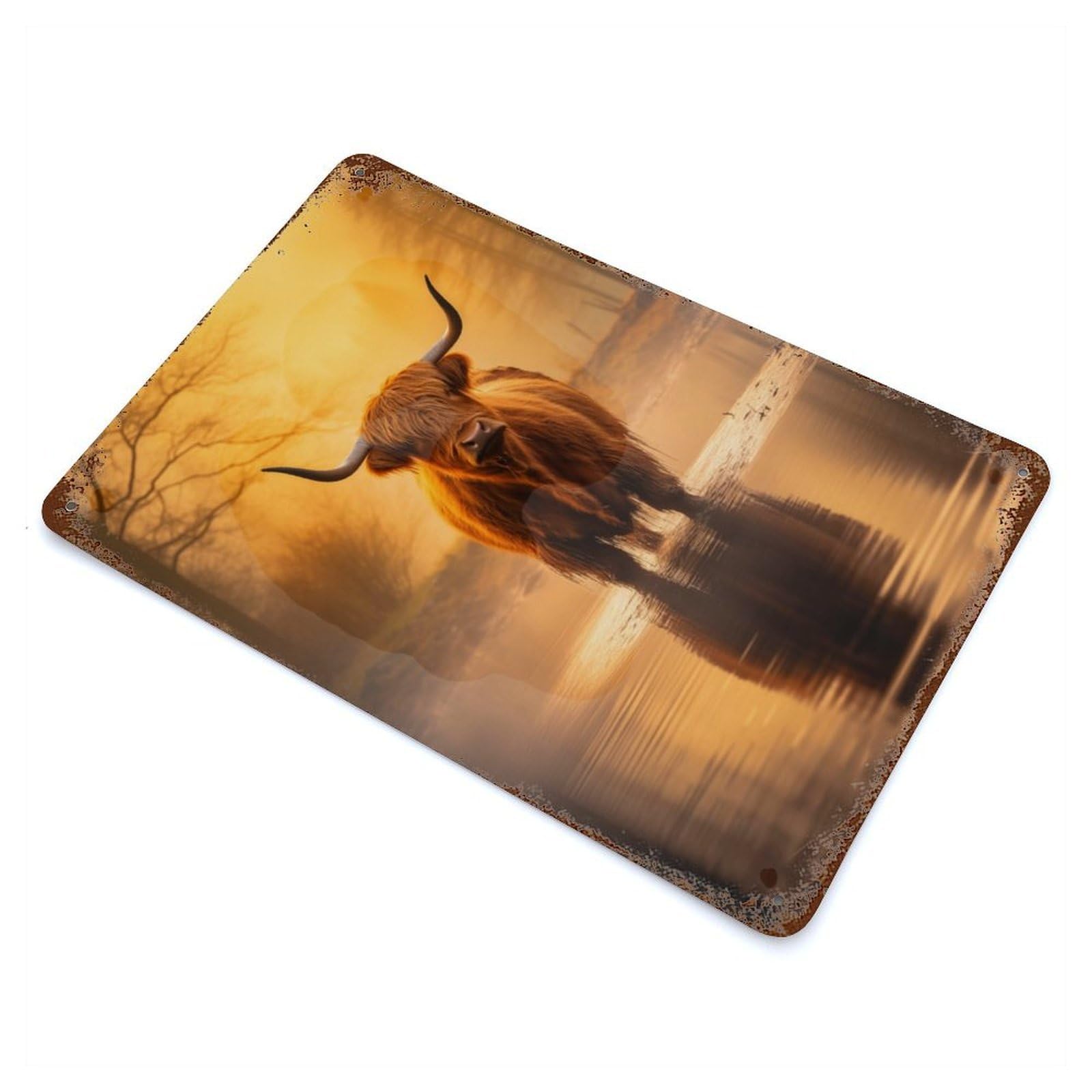 Weathered Tin Sign with Highland Cow in The Water Design 11.8"x7.9", for Basement, Hobby Room And Garage Decor, Industrial Home Decor
