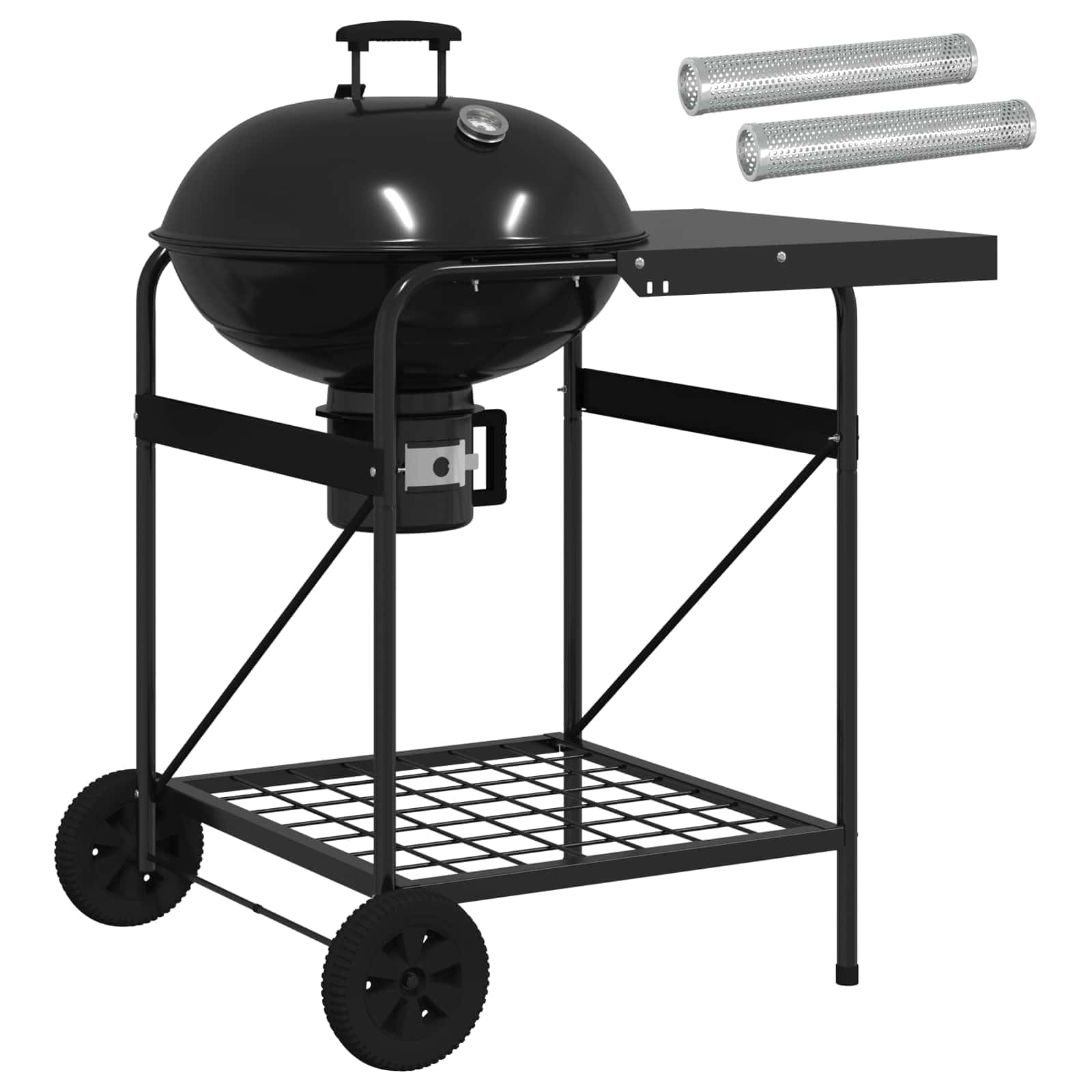 Grill węglowy z rurką wędzarniczą, stal, 91 x 71 x 107 cm | Koła mobilne, półka boczna, zdejmowany kolektor popiołu, pokrywa do pieczenia i pieczenia