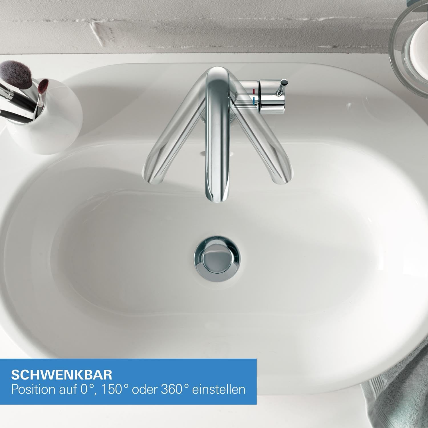GROHE Essence, Waschtischarmatur, wassersparend (Wasserhahn für das Bad, 24cm hoch, Badarmatur mit Pop-Up Ablauf, schwenkbar, einfache Installation am Waschbecken), chrom, 23799001