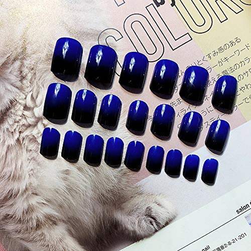 Siusio 24Pcs Fake Nails Black Full Cover Short Gradient Jewelry Blue Top Coat False Nail Covered Gel Art Tips Sets For Women And Girls #TOP6