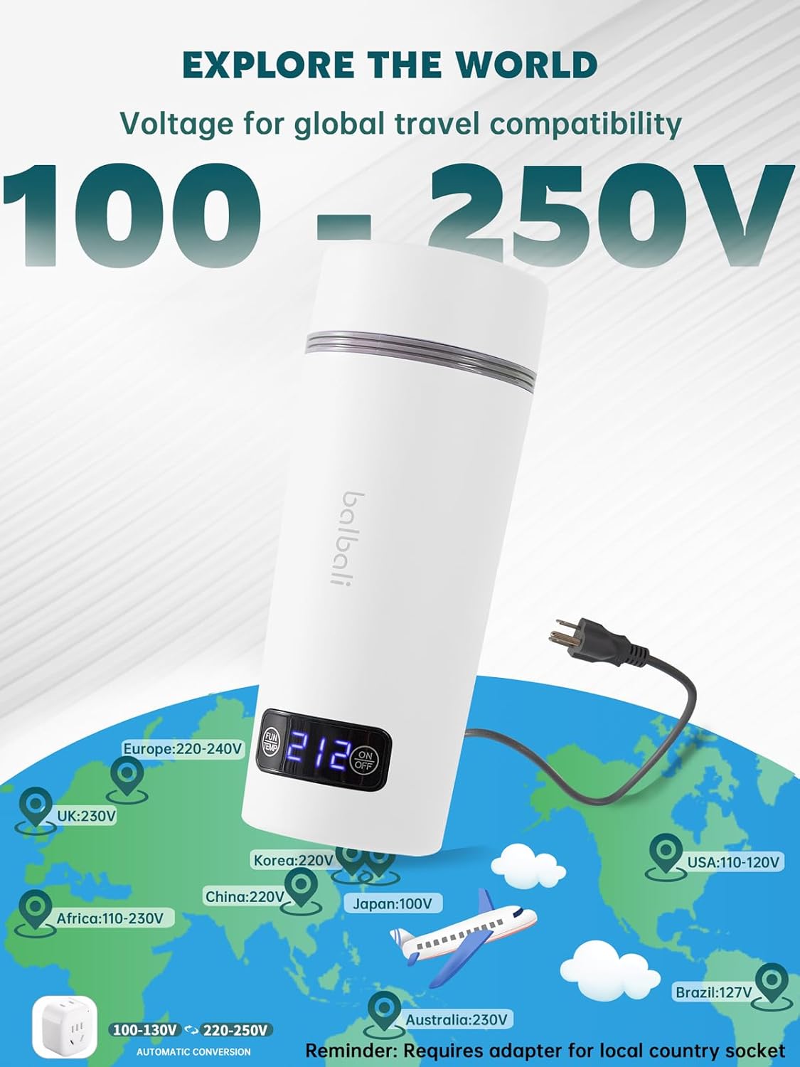 balbali Travel Kettle Dual Voltage 100-250V and 12oz Portable Electric Kettle Bundle White