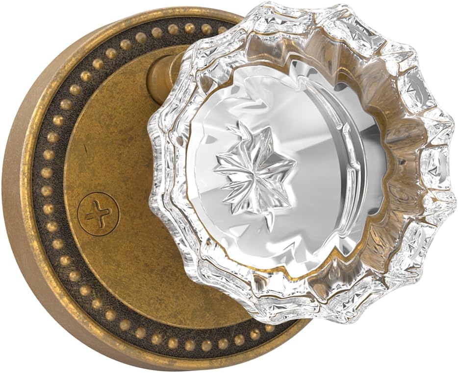 Asidrama 6 Pack Privacy Antique Brass Crystal Door Knob with Lock, Vintage Antique Brass Glass Door Knobs Interior for Bedroom or Bathroom, Heavy Duty for Left Right Sided Doors