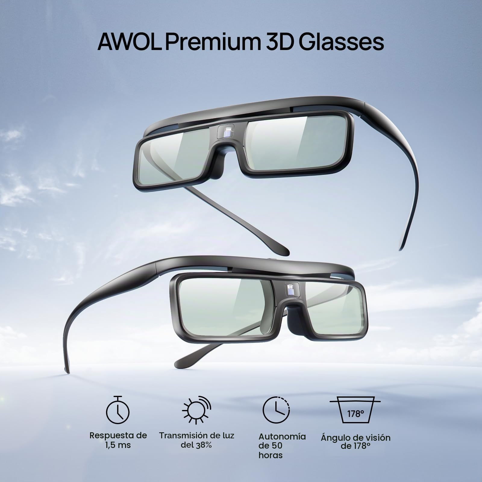 AWOL Vision DLP Gafas 3D Gafas Recargables con Obturador Activo compatibles con AWOL Vision LTV-2500, LTV-3500, Vanish TV y Otros proyectores 3D DLP-Link (2 Paquetes) (2)