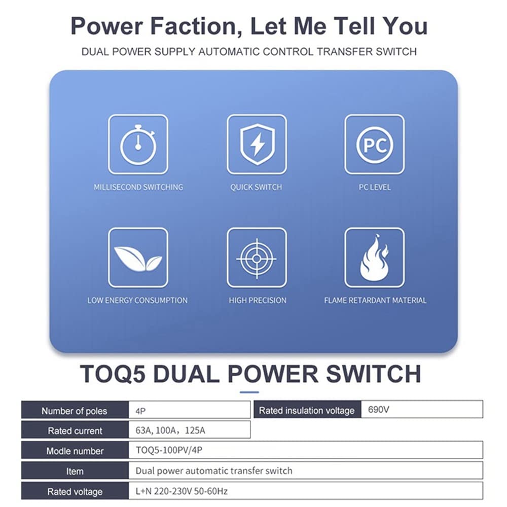 Din Rail 4P ATS Double Alimentation Commutateur de Transfert Automatique Commutateurs de SéLection éLectriques Alimentation Ininterrompue 100A