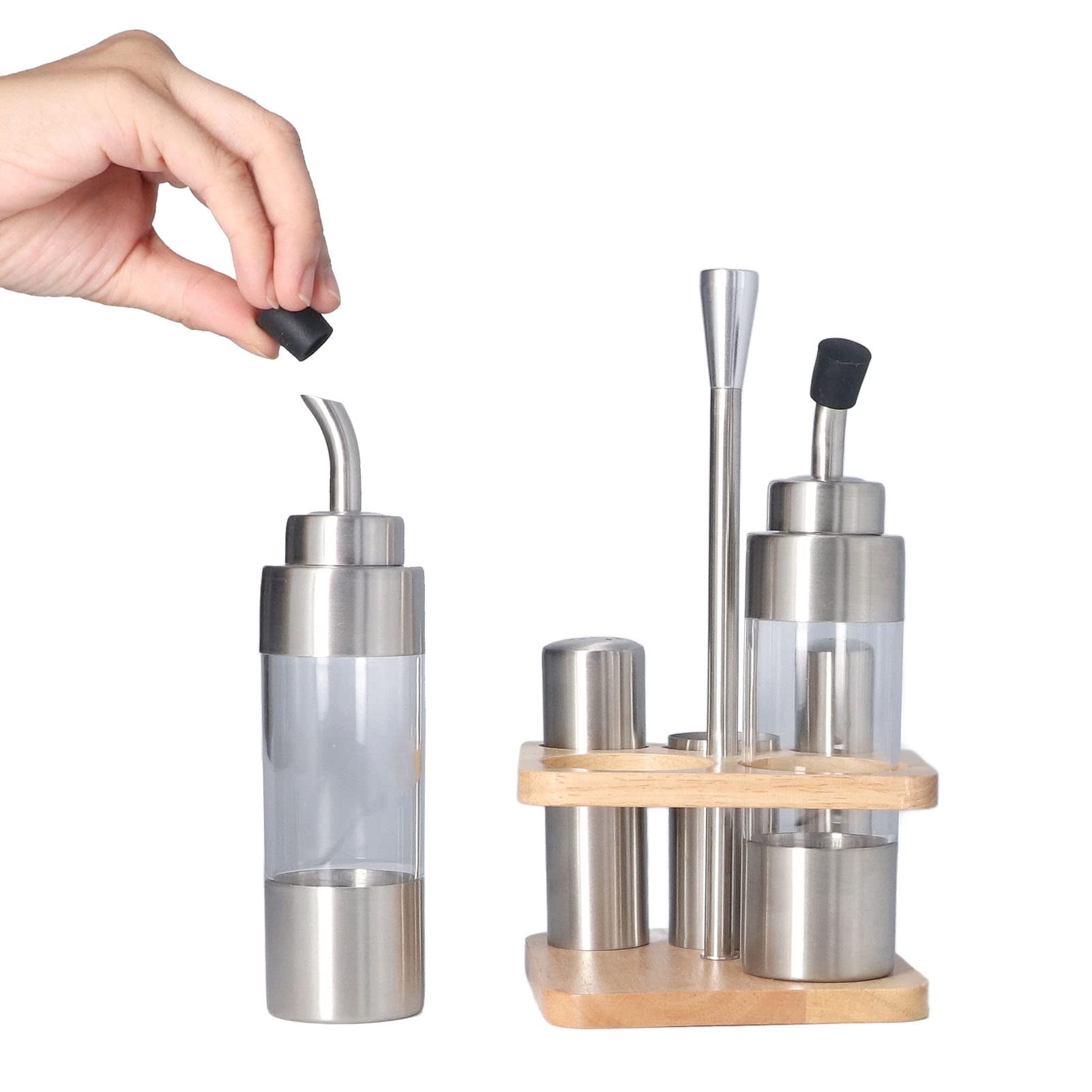 Gewürzflaschen-Set mit Holzregal, 304 Edelstahl Küchentisch-Gewürzaufbewahrung für Öl, Salz, Sojasoße und Essig, 5-teiliger Gewürzspender mit Buchenholzständer