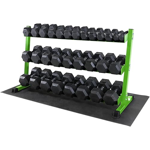 WF Athletic Supply Rubber Coated Hex Dumbbell Set, Multiple Choices Available - Dumbbells with Rack Stand and Mat, or Dumbbells Only (200/550/1200/2100/3000 LB)