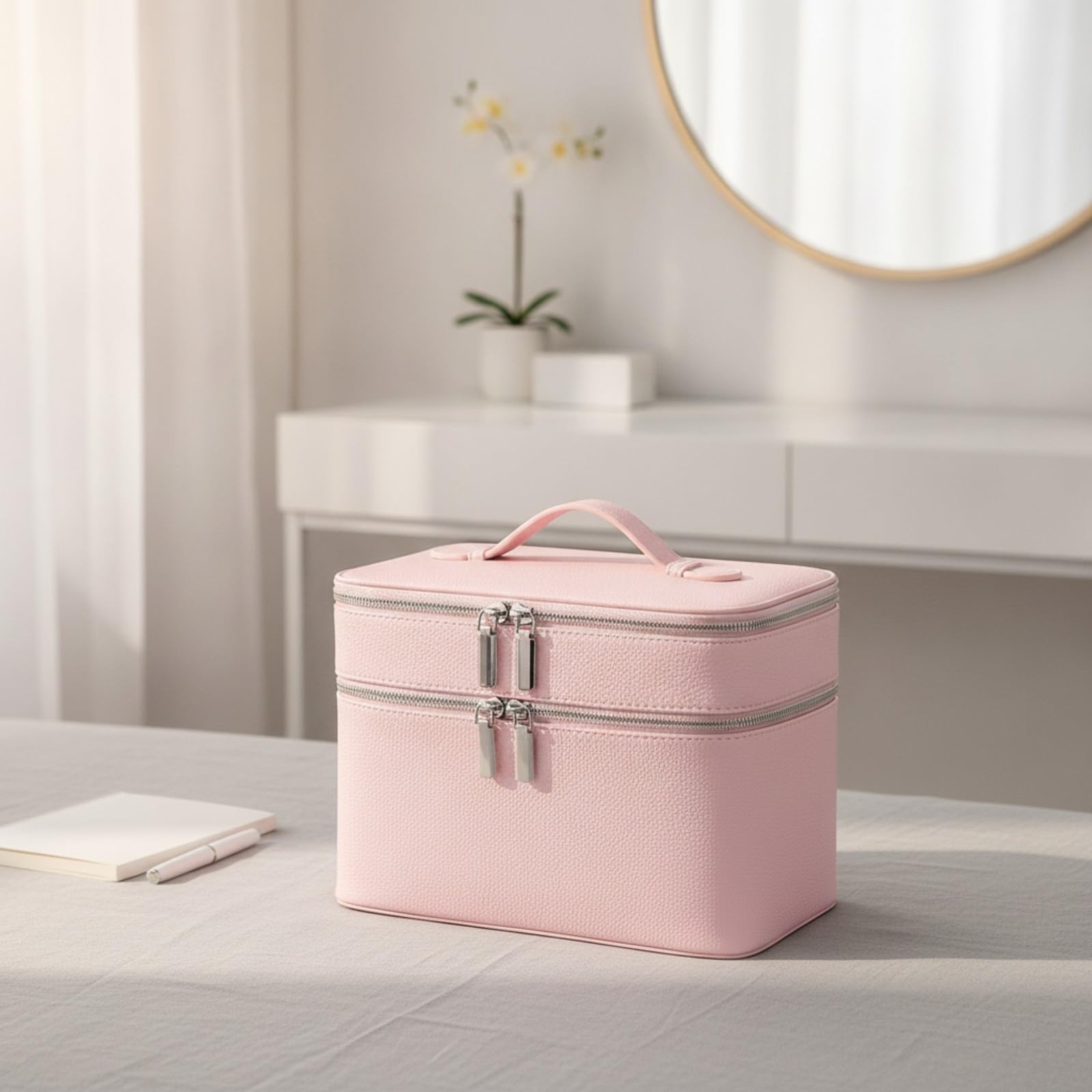 TISHITA Bolsa Cosméticos Portátil | PU grabado, Estuche Maquillaje Rectangular, Bolsa Maquillaje con Doble Capa, para Viajes, Baño, Viajeros, Marrón Oscuro