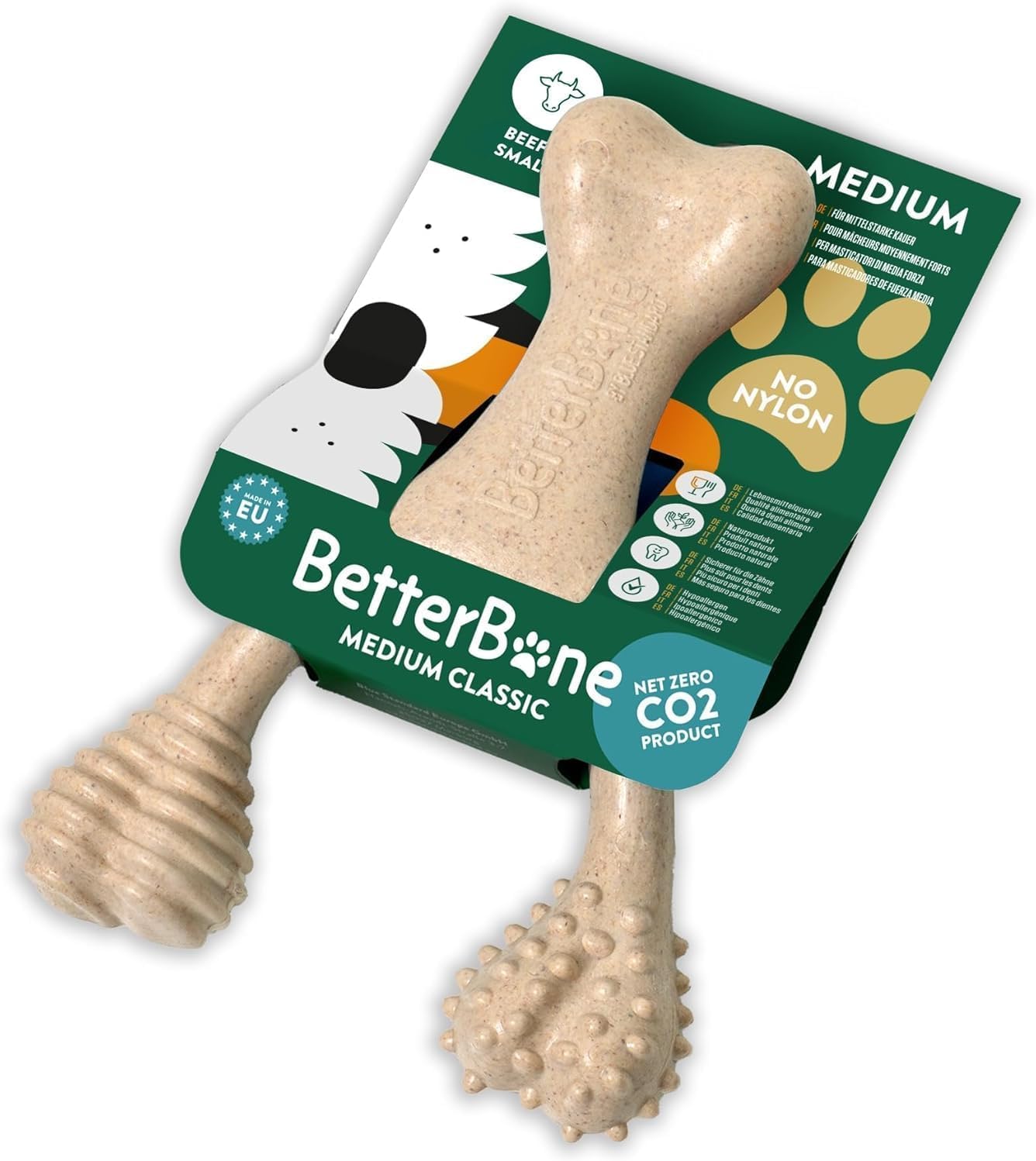 BetterBone - Giocattolo per cani da masticare – Small Medium Beef – Osso da masticare per cani senza nylon e OGM a base di cellulosa – Giocattolo da masticare medio con sapore di manzo – Legno da