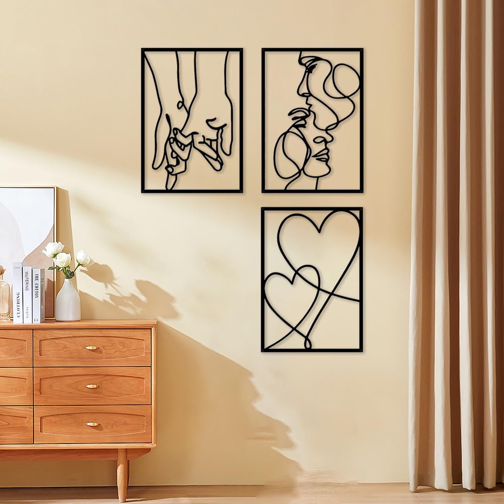 Set 3 Decorazioni Murali In Metallo Minimalista LOMUG – Cuore E Mani Che Si Tengono, Linee Astratte, Arte Moderna Per Camera Da Letto E Soggiorno