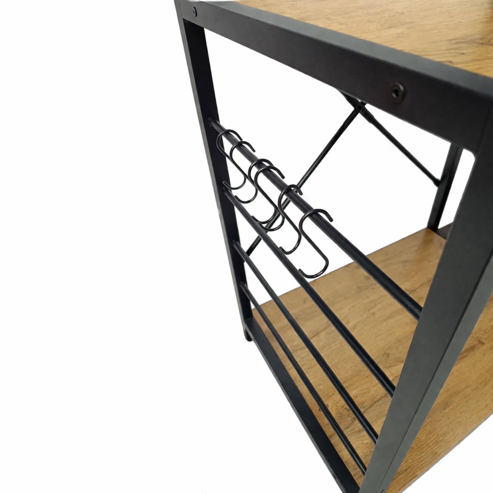 Küchenregal freistehend, Mikrowellenregal mit 4 Ablagen, Drahtkorb und Hakenleiste, Küchenorganizer im Industrial Design aus Metall und Eichenoptik, 90 x 40 x 84 cm