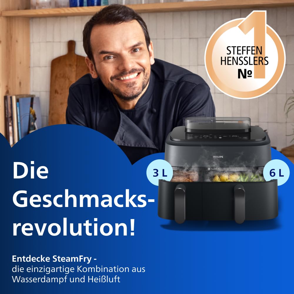 Philips Steam Airfryer 5000 Series Dual Basket Heißluftfritteuse 9L RapidAir Plus Dampfgar-Funktion NA550/00
