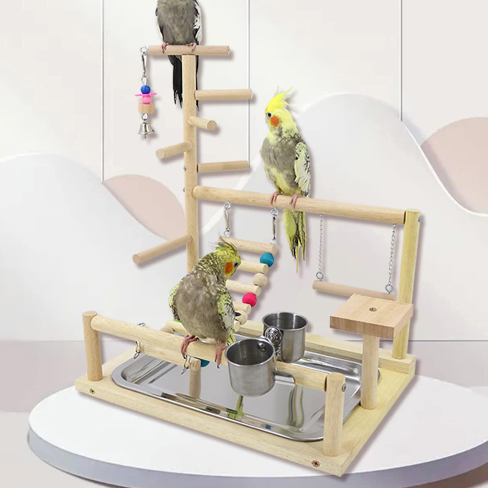 PANGBOER Uccello per gioco stand legno trespolo palestra box scala con mangiatoia tazze giocattolo per calopsita adatto per piccoli e uccelli uccello Playstand per pappagalli legno