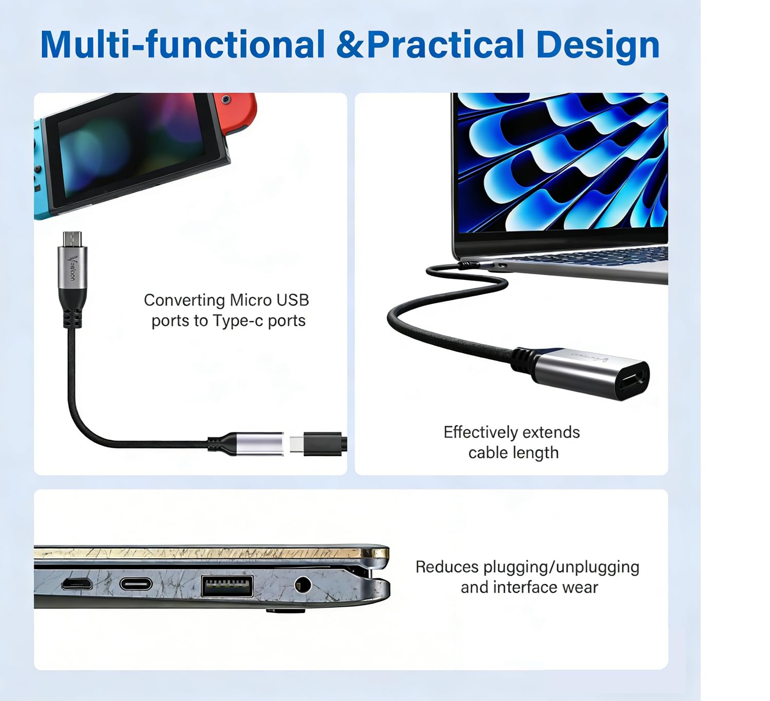 Lot de 2 adaptateurs USB C vers micro USB, câble d'extension court de type C femelle vers micro USB mâle, convertisseur de synchronisation de données et de charge pour Galaxy S7/S6, Note 5/4, Motorola